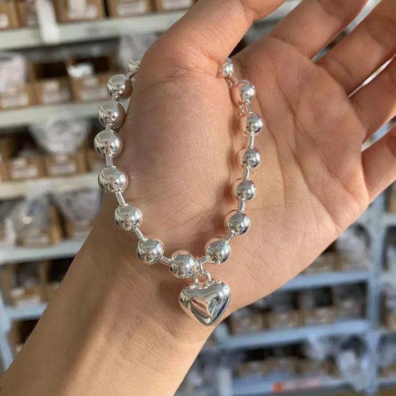 Silver Beads Chain Bracelet Heart Shape Women's Jewelry