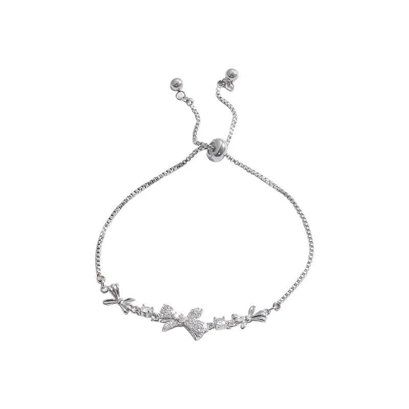 Zircon Bowknot Bracelet for Women Sweet Adjustable Pull Chain Bracelet