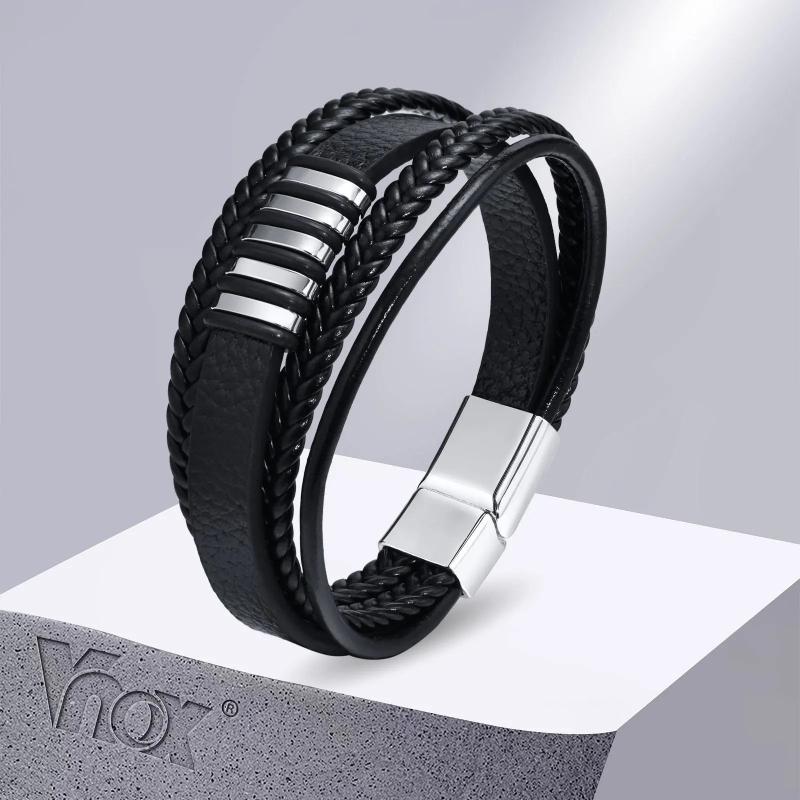 Layered Braided Leather Bangle for Men