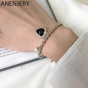 Silver Heart Bracelet for Women Pearl Adjustable Bead Chain Bracelet