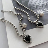 Silver Heart Bracelet for Women Pearl Adjustable Bead Chain Bracelet