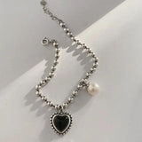 Silver Heart Bracelet for Women Pearl Adjustable Bead Chain Bracelet