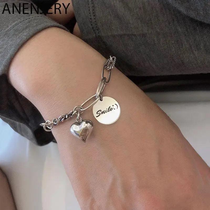Vintage Love Heart Smiling Face Thai Silver Bracelet Punk Jewelry