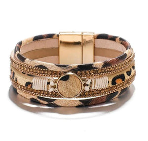 Bohemian Leopard Leather Bracelet for Women Crystal Wide Wrap Jewelry