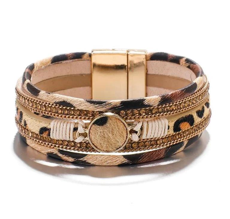Bohemian Leopard Leather Bracelet for Women Crystal Wide Wrap Jewelry