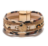 Bohemian Leopard Leather Bracelet for Women Crystal Wide Wrap Jewelry