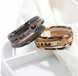 Bohemian Leopard Leather Bracelet for Women Crystal Wide Wrap Jewelry