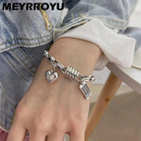 Silver Love Heart Abacus Pendant Bracelet Retro Distressed Punk Jewelry