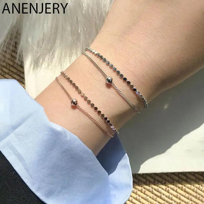 Silver Double Layer Beads Chain Bracelet for Women Jewelry