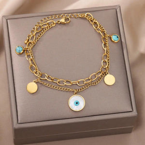 Stainless Steel Eyes Pendant Multi-layer Bracelet with Green Stone Bangle
