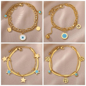 Stainless Steel Eyes Pendant Multi-layer Bracelet with Green Stone Bangle