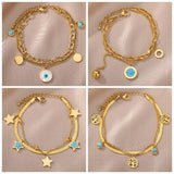 Stainless Steel Eyes Pendant Multi-layer Bracelet with Green Stone Bangle