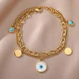 Stainless Steel Eyes Pendant Multi-layer Bracelet with Green Stone Bangle