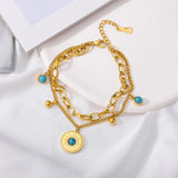 Stainless Steel Eyes Pendant Multi-layer Bracelet with Green Stone Bangle