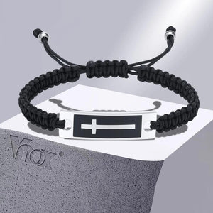 Men's Stainless Steel Cross Bracelet with Nylon Rope, Adjustable Faith Wristband