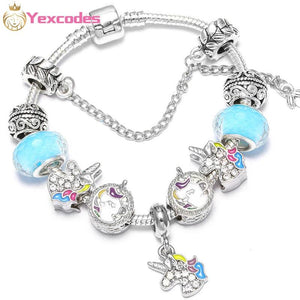 Enamel Unicorn Bangle with Crystal Beads Charm
