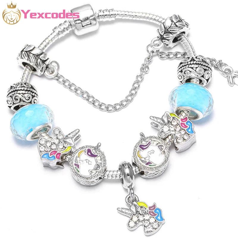 Enamel Unicorn Bangle with Crystal Beads Charm