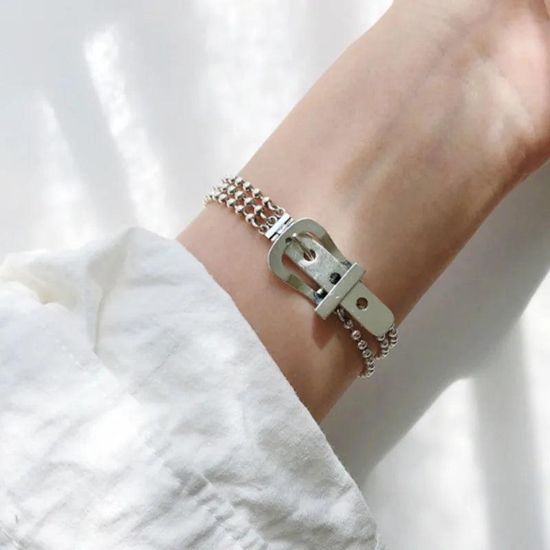 Mewanry Silver Bracelet for Women Vintage Three-Layer Bead Buckle Jewelry