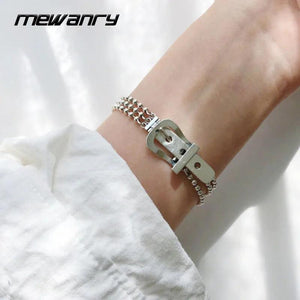 Mewanry Silver Bracelet for Women Vintage Three-Layer Bead Buckle Jewelry