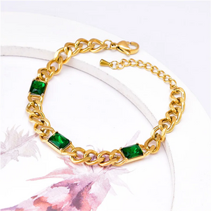 316L Stainless Steel Green Crystal Thick Link Chain Bracelet for Women Girls