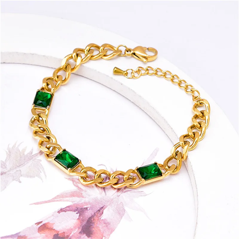316L Stainless Steel Green Crystal Thick Link Chain Bracelet for Women Girls