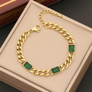 316L Stainless Steel Green Crystal Thick Link Chain Bracelet for Women Girls
