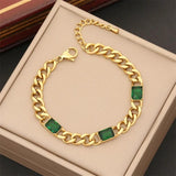 316L Stainless Steel Green Crystal Thick Link Chain Bracelet for Women Girls