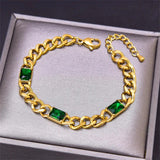 316L Stainless Steel Green Crystal Thick Link Chain Bracelet for Women Girls