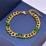 316L Stainless Steel Green Crystal Thick Link Chain Bracelet for Women Girls