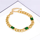316L Stainless Steel Green Crystal Thick Link Chain Bracelet for Women Girls
