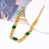316L Stainless Steel Green Crystal Thick Link Chain Bracelet for Women Girls