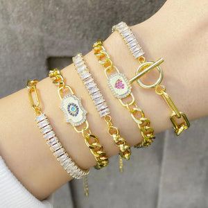 Cuban Link Chain Bracelet Women O Toggle Clasp Clear Crystal Tennis