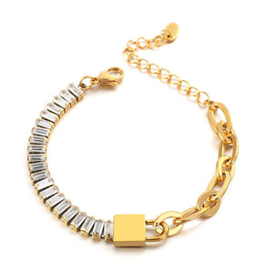 Stainless Steel Crystal Chain Bracelets Lock Charm Statement Female Jewelry