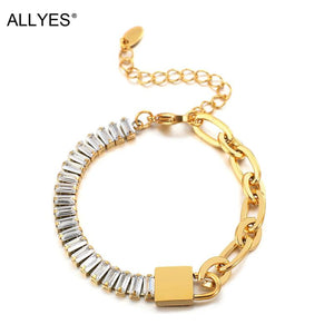 Stainless Steel Crystal Chain Bracelets Lock Charm Statement Female Jewelry