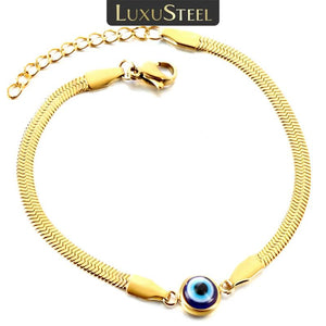 Stainless Steel Evil Eye Charm Bracelet Snake Chain Bangle Wrist Jewelry