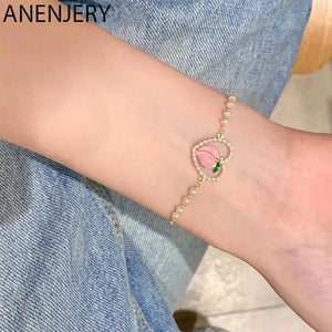Summer Peach Heart Hollow Bracelet for Women Pearl Bracelet Couple Gift