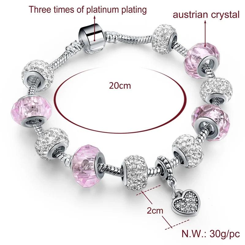 Summer Pink Charm Bracelet Ladies Peach Heart Pendant Crystal Pop Bracel