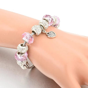 Summer Pink Charm Bracelet Ladies Peach Heart Pendant Crystal Pop Bracel