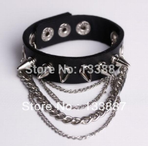Punk Rivet Chain Bracelet Spike Leather Rock Style Metal