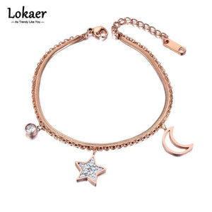 Star Moon Charm Double Layer Bracelet for Women Snake Chain Boho Jewelry