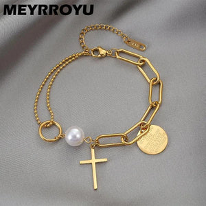 316L Stainless Steel Cross Pendant Chain Bracelet Retro Punk Gothic Pearl Bracel