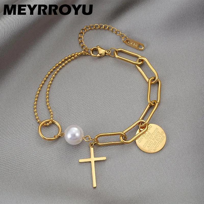 316L Stainless Steel Cross Pendant Chain Bracelet Retro Punk Gothic Pearl Bracel
