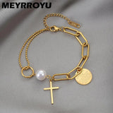316L Stainless Steel Cross Pendant Chain Bracelet Retro Punk Gothic Pearl Bracel