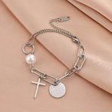 316L Stainless Steel Cross Pendant Chain Bracelet Retro Punk Gothic Pearl Bracel