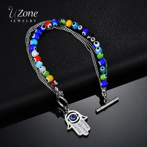 UZone Charm Eyes Bracelets for Women Stainless Steel Beads Double Layer Bangle
