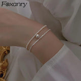 Double Layer Chain Silver Bracelet with Sparkling Pearl