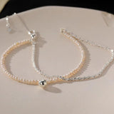 Double Layer Chain Silver Bracelet with Sparkling Pearl