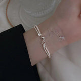 Double Layer Chain Silver Bracelet with Sparkling Pearl