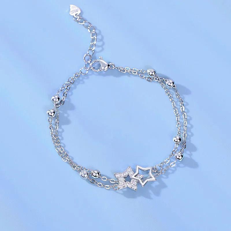 Silver Double Layer Star Bracelet Zircon Round Ball Jewelry