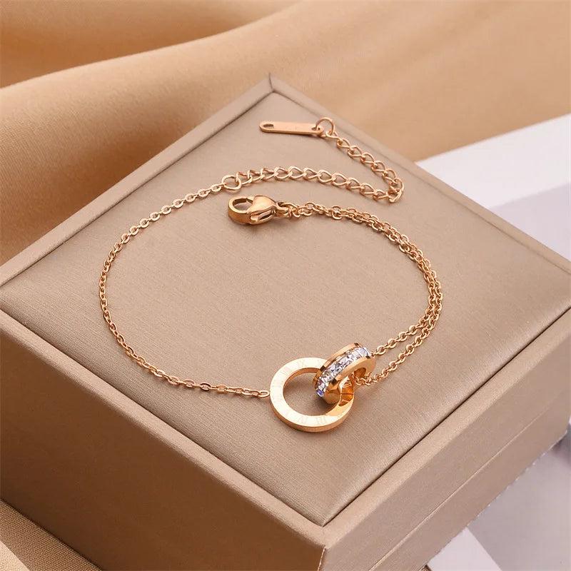 Titanium Steel Roman Bracelet Zircon Numerals Double Ring Wedding Jewelry